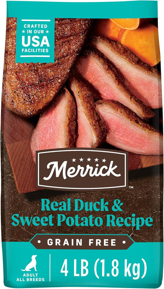 Merrick Premium Grain Free Dry Adult Dog Food, Wholesome and Natural Kibble with Real Duck and Sweet Potato - 4.0 lb. Bag