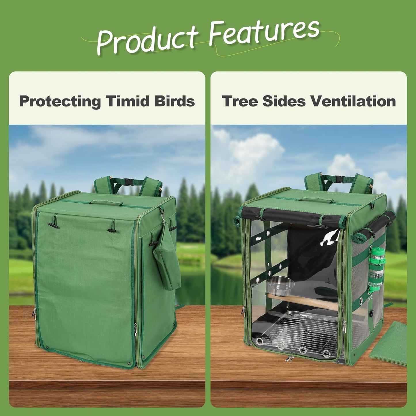 Suertree Bird Carrier Travel Cage, Cockatoo Carrier, Parrot Travel Backpack with Unbreakable Stainless Steel Mesh, Perch, Water Bottle and Food Bowl, X-Large Green