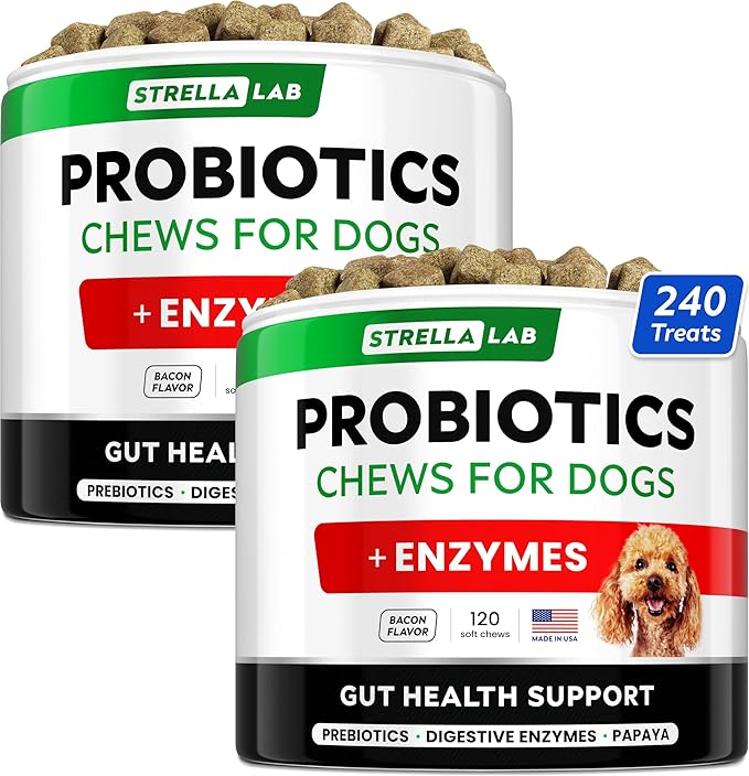 StrellaLab Dog Probiotics Treats for Picky Eaters - Digestive Enzymes + Prebiotics - Chewable Fiber Supplement - Allergy, Diarrhea, Gas, Constipation, Upset Stomach Relief - Improve Digestion&Immunit