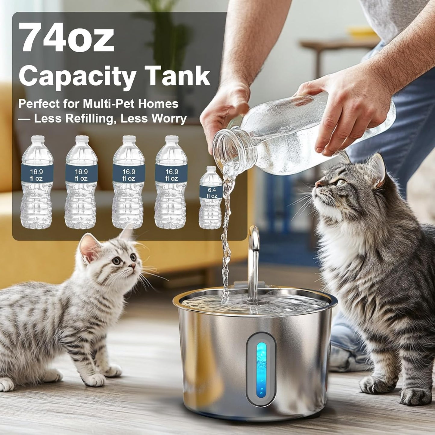 Cat Water Fountain, 74oz/2.2L Cat Fountain for Drinking - Pet Water Fountain Stainless Steel for Cats Inside - Quiet Water Bowl Dispenser - Kitty Drinking Fountains - 8 Filters + 8 Sponges