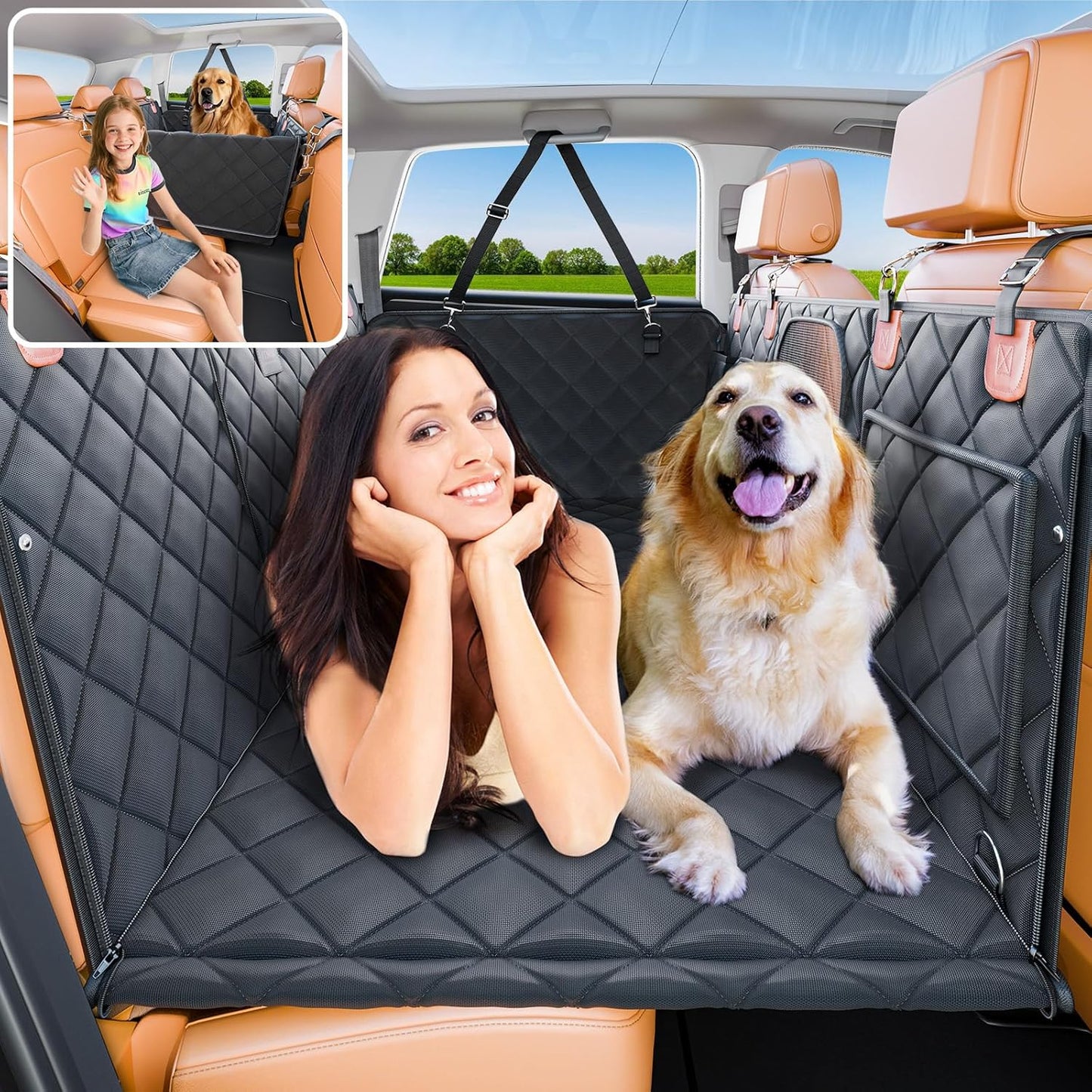 Convertible Back Seat Extender for Dogs, Foldable 400lbs Hard Bottom Dog Car Seat Cover for Back Seat, Waterproof Dog Hammock Bed Backseat Cover for Dogs in Car SUV Truck Pet Seat Cover Black L