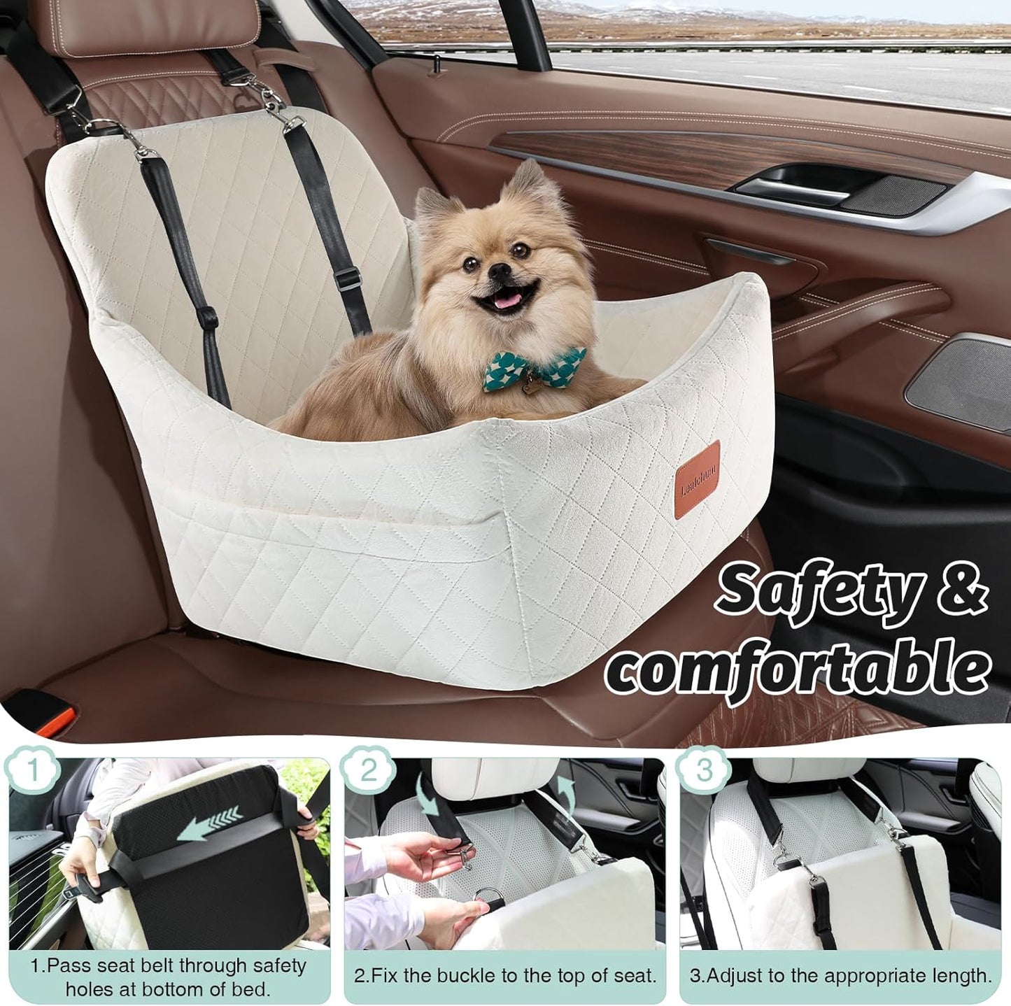 Dog Car Seat for Medium Dogs Up to 35lbs,Easy to Install with Adjustable Straps,Anti-Slip Bottom,Fully Detachable and Washable,Soft Fabric Fill in Memory Foam,2 Side Pockets(Beige,Medium)