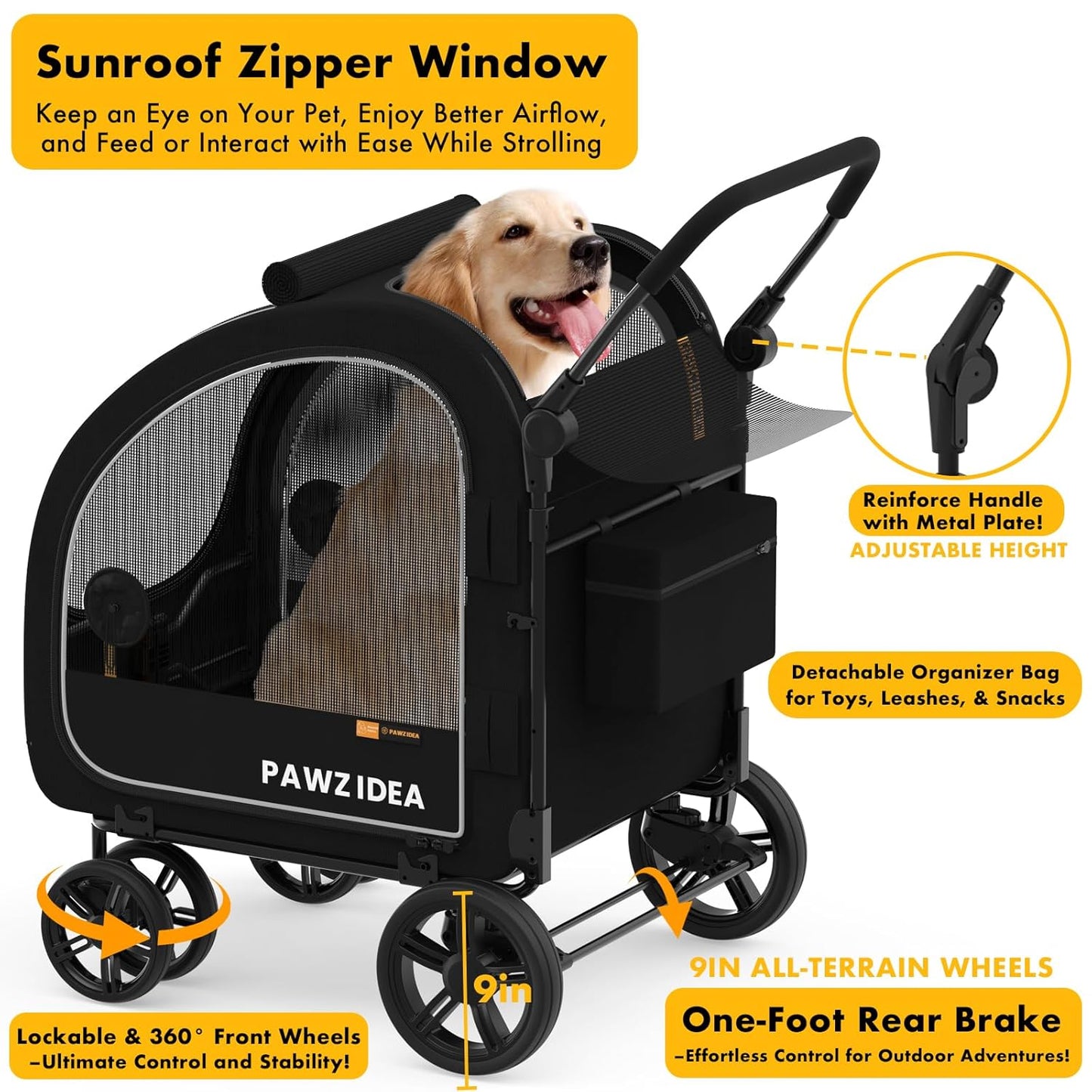 PAWZIDEA Large Dog Stroller with Detachable Carrier, Portable Dog Crate for Car Travel, Multiple Pet Strollers for Medium Dogs up to 80lbs, Adjustable Handle, All-Terrain 9” Wheels, Storage Organizer