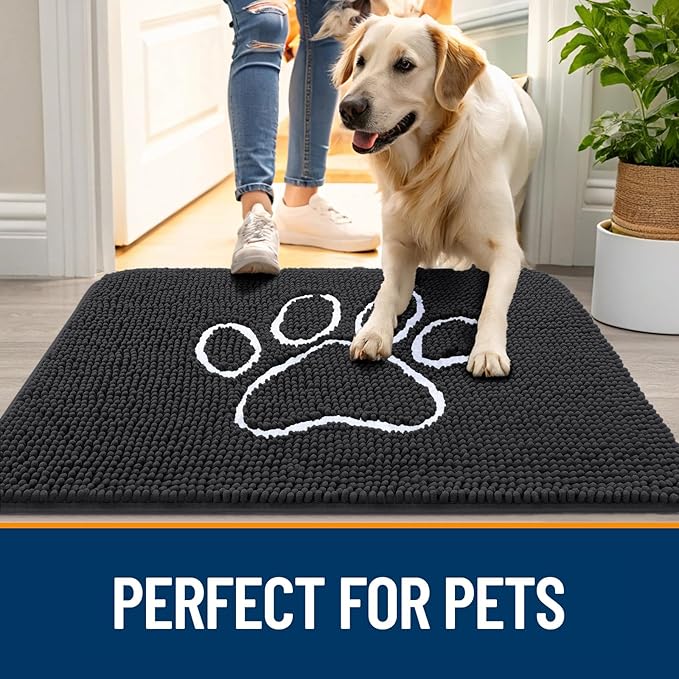 OLANLY Door Mat for Muddy Dog Paws 30x20, Ultra Absorbent Chenille Mud Doormat with Paw Print Design, Non-Slip Washable Doormat for Indoor Entryway, Quick-Dry Pet Bed Mats for Dirty Dogs, Dark Grey