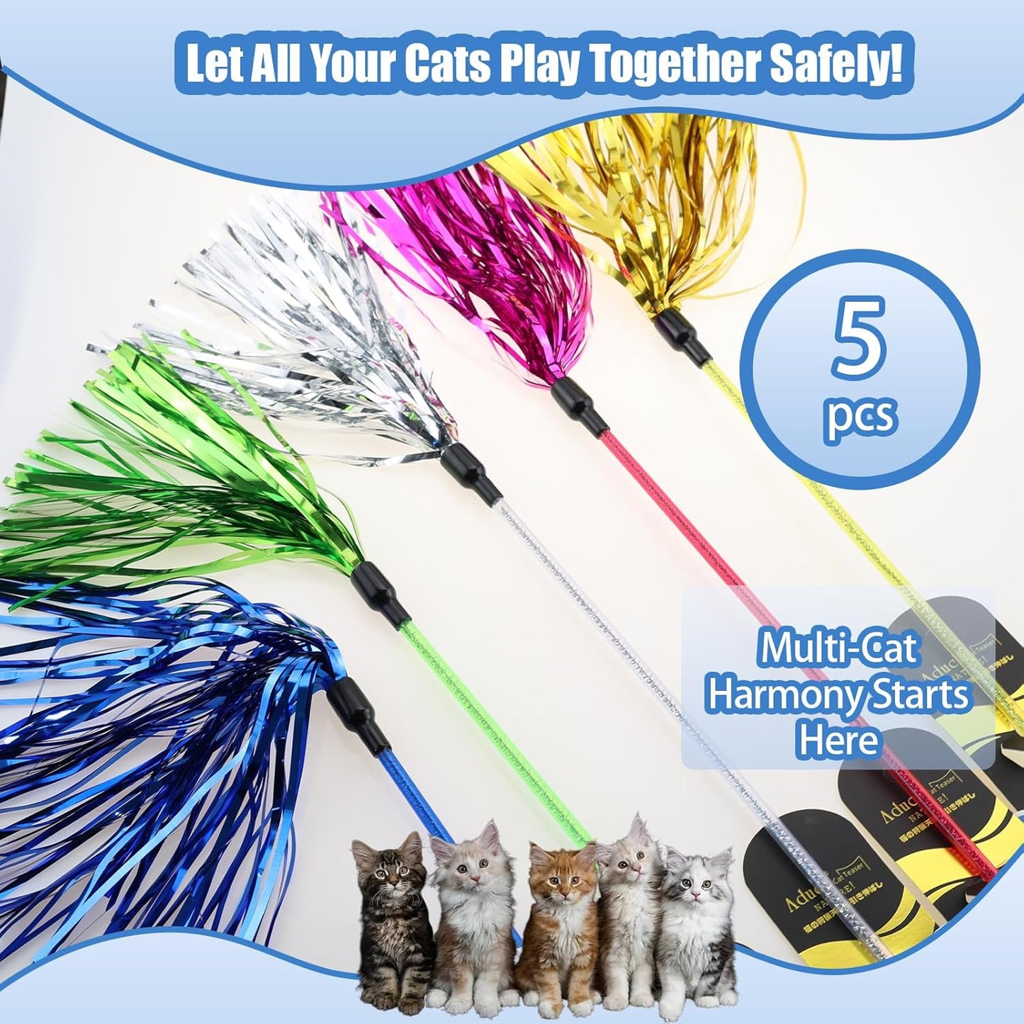 ADUCK Interactive Cat Teaser Wand Toy with Tassels - Durable Cat Chaser for Indoor Kitten Exercise, Boredom Relief & Training Play, Pack of 5 (Gold, Blue, Pink, Silver, Green)