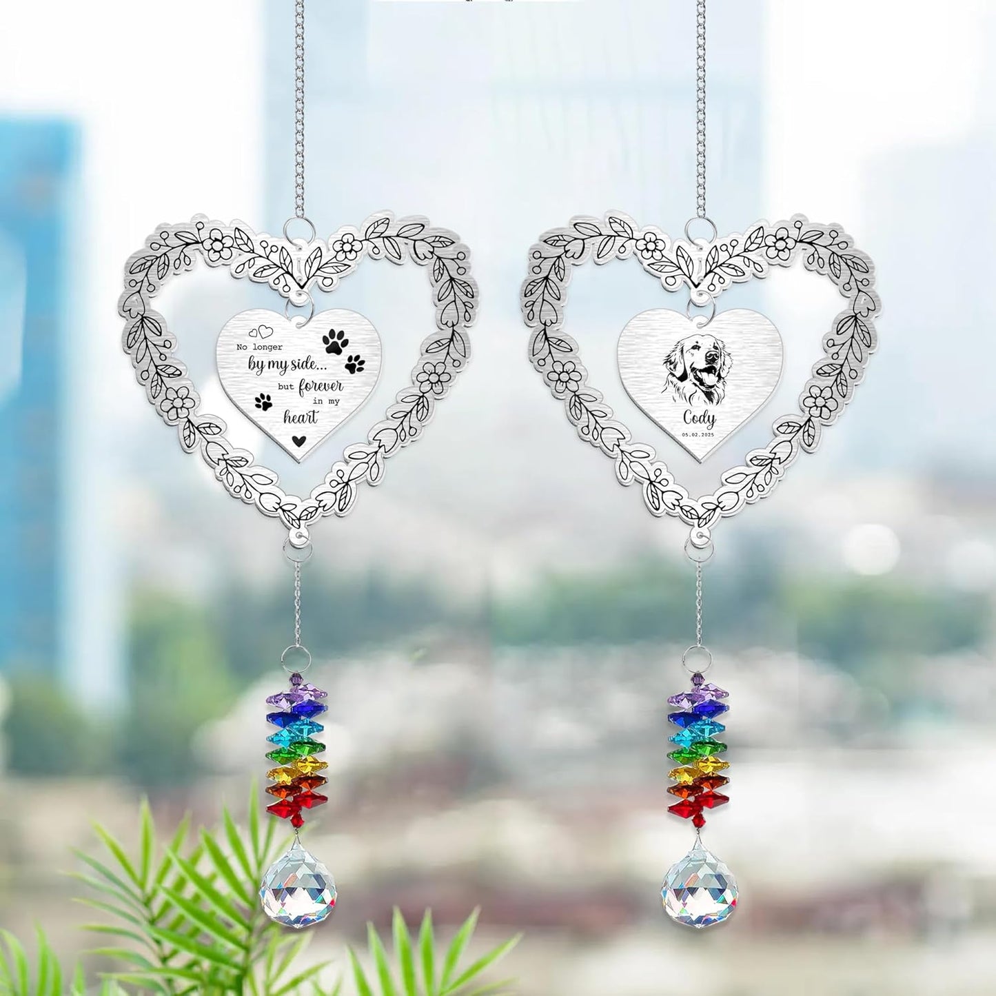 Personalized Dog Memorial Aluminum Suncatcher Ornament – No Longer by My Side But Forever in My Heart – Custom Pet Portrait Remembrance Gift for Dog Loss, Pet Memorial Decor