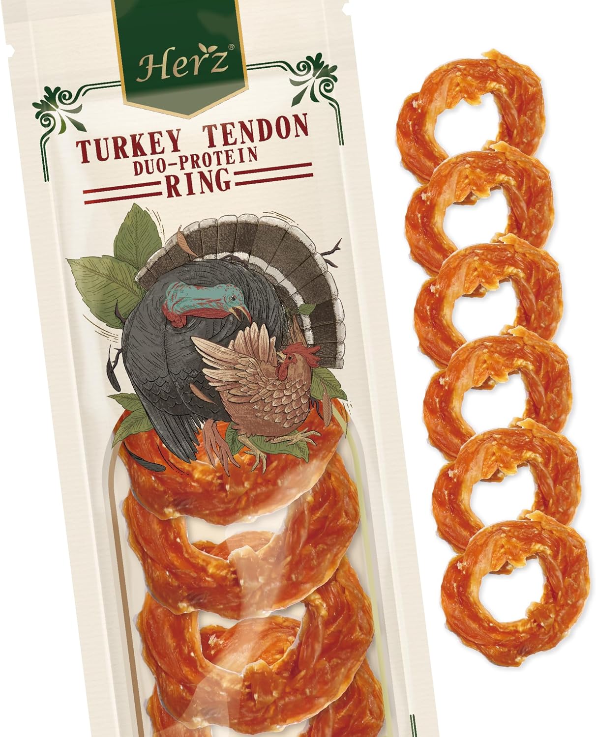 Herz Duo-Protein Turkey Tendon & Chicken Ring (S) 3 oz, USA-Sourced Turkey Tendon, Natural Dog Chew for Small Dogs, Wrapped in Chicken, Rawhide-Free, Hypoallergenic, Puppy-Friendly