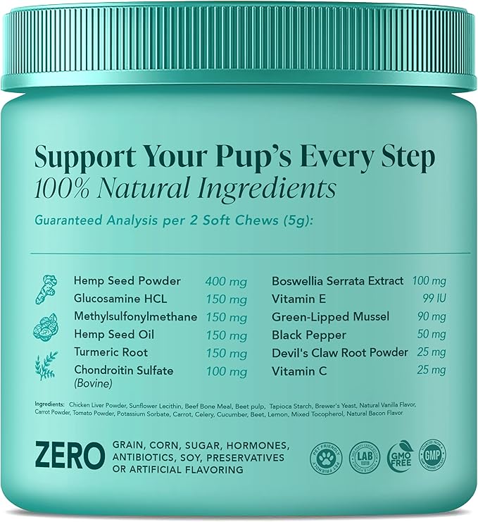 My Lil' Nugget - Natural Hip & Joint Supplement Chews for Dogs - Glucosamine, Hemp Seed & Chondroitin Mobility Support - Bacon Flavored - Soft Chews for All Ages - 90 Count