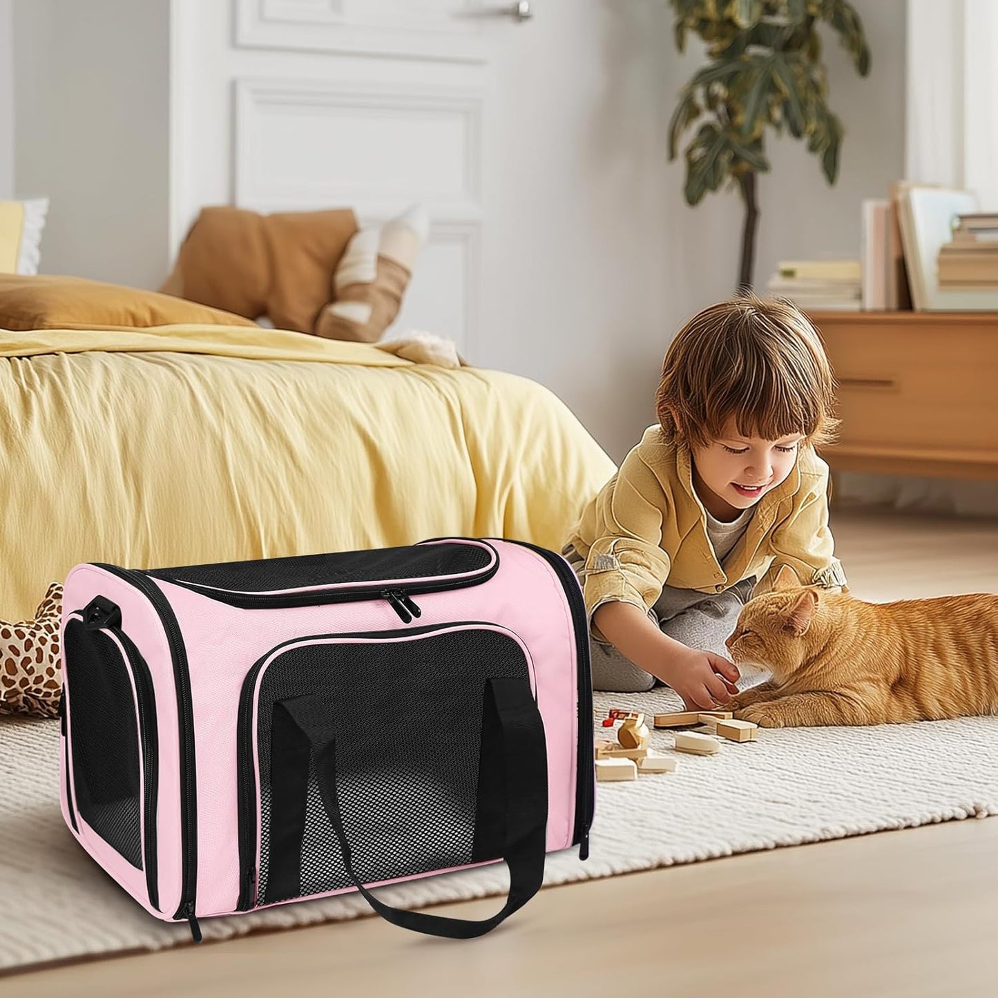 Airline Approved Pet Carrier 17"x11"x11" – Soft Sided Cat Dog Travel Bag for Small Pets up to 15 lbs, Portable Collapsible Pet Carrier Under Seat with Mesh Ventilation & Shoulder Strap(Pink)