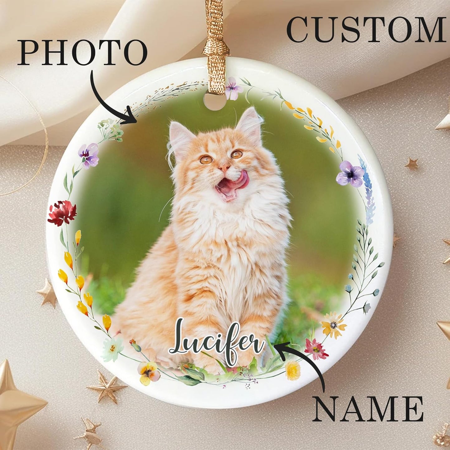 Personalized Wings Memorial Dog Christmas Ornaments - Forever in Our Hearts Acrylic Ornament for Your Loss Pet - Custom Photo, Name, Years (Memorial Cat Ceramic)