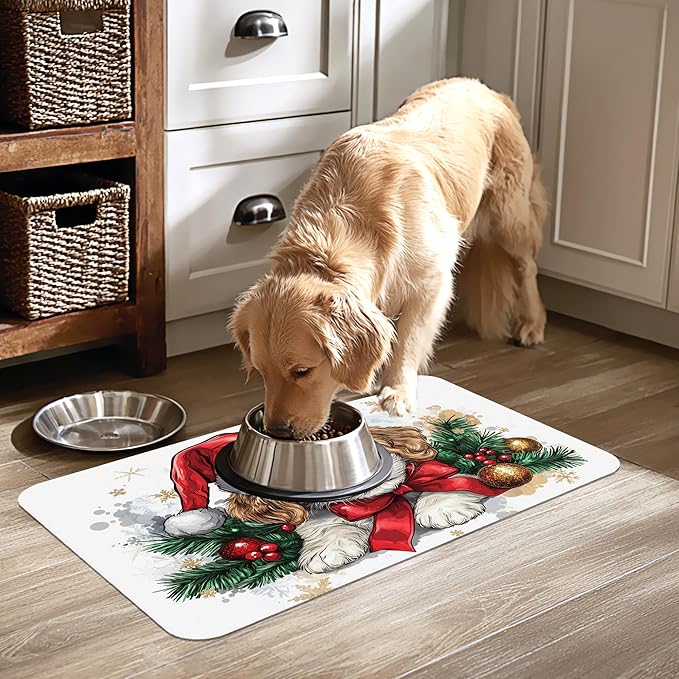 Merry Christmas Dog Dog Cat Food Mat-Absorbent Placemat for Food and Water Bowl, Waterproof Non Slip Rubber Backing Dog Food Mats for Floors, Pet Supplies 16 * 24 inch