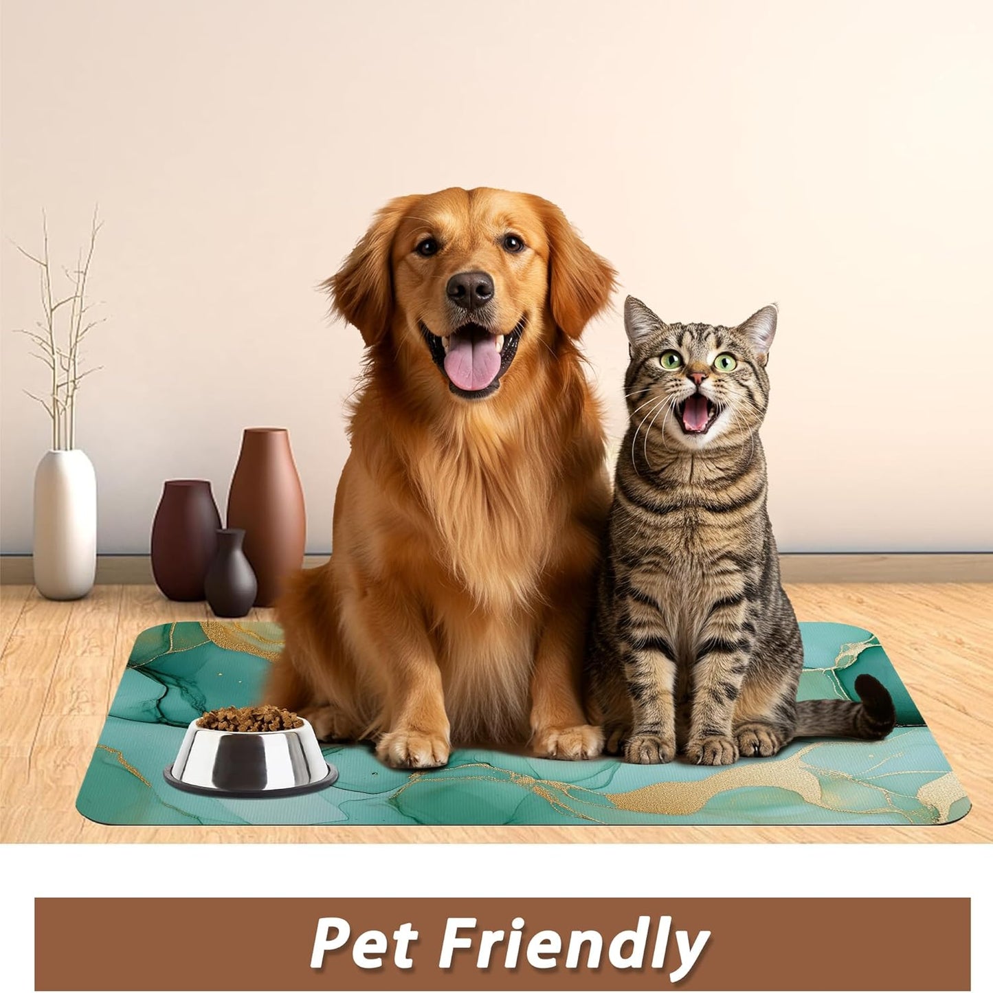 Marble Dog Food Mat for Floors,Green Gold Flowing Marble Absorbent Quick-Dry Pet Feeding Mat,Cat Dog Bowl Mats for Food and Water,Non-Slip Pet Accessories Supplies 16"x24"