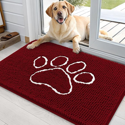 OLANLY Door Mat for Muddy Dog Paws 36x24, Ultra Absorbent Chenille Mud Doormat with Paw Print Design, Non-Slip Washable Doormat for Indoor Entryway, Quick-Dry Pet Bed Mats for Dirty Dogs, Red