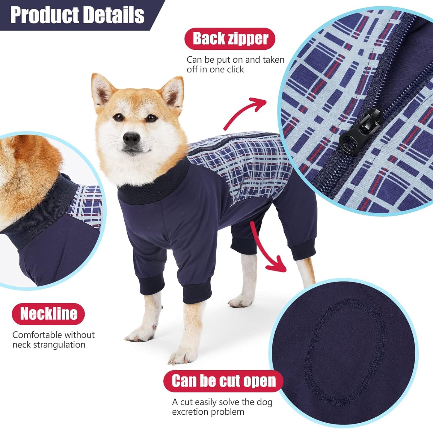 Dog Recovery Suit, Abdominal Wound After Surgery Wear, Anti Licking Bodysuit with Zipper, E-Collar & Cone Alternatives, Plaid Dog Spay Surgical Shirt Prevent Shedding(Medium, Blue)