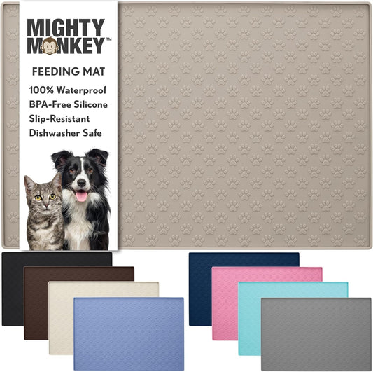 MIGHTY MONKEY 100% Waterproof Dog Food Mat, Raised Edges Silicone Pet Feeding Placemat for Cat, Dogs, Pet Bowls, High Lipped Tray Prevents Water Spills, Food on Floor, Dishwasher Safe, 18x12, Beige