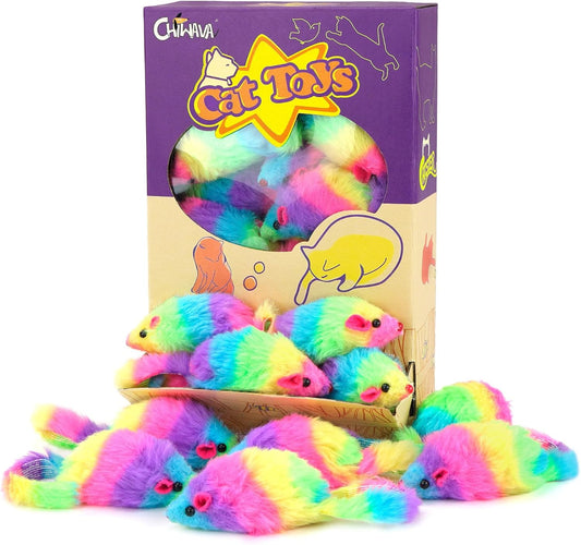 CHIWAVA 24PCS 2.8" Rainbow Color Furry Cat Toy Mice with Rattle Kitten Mouse Interactive Play