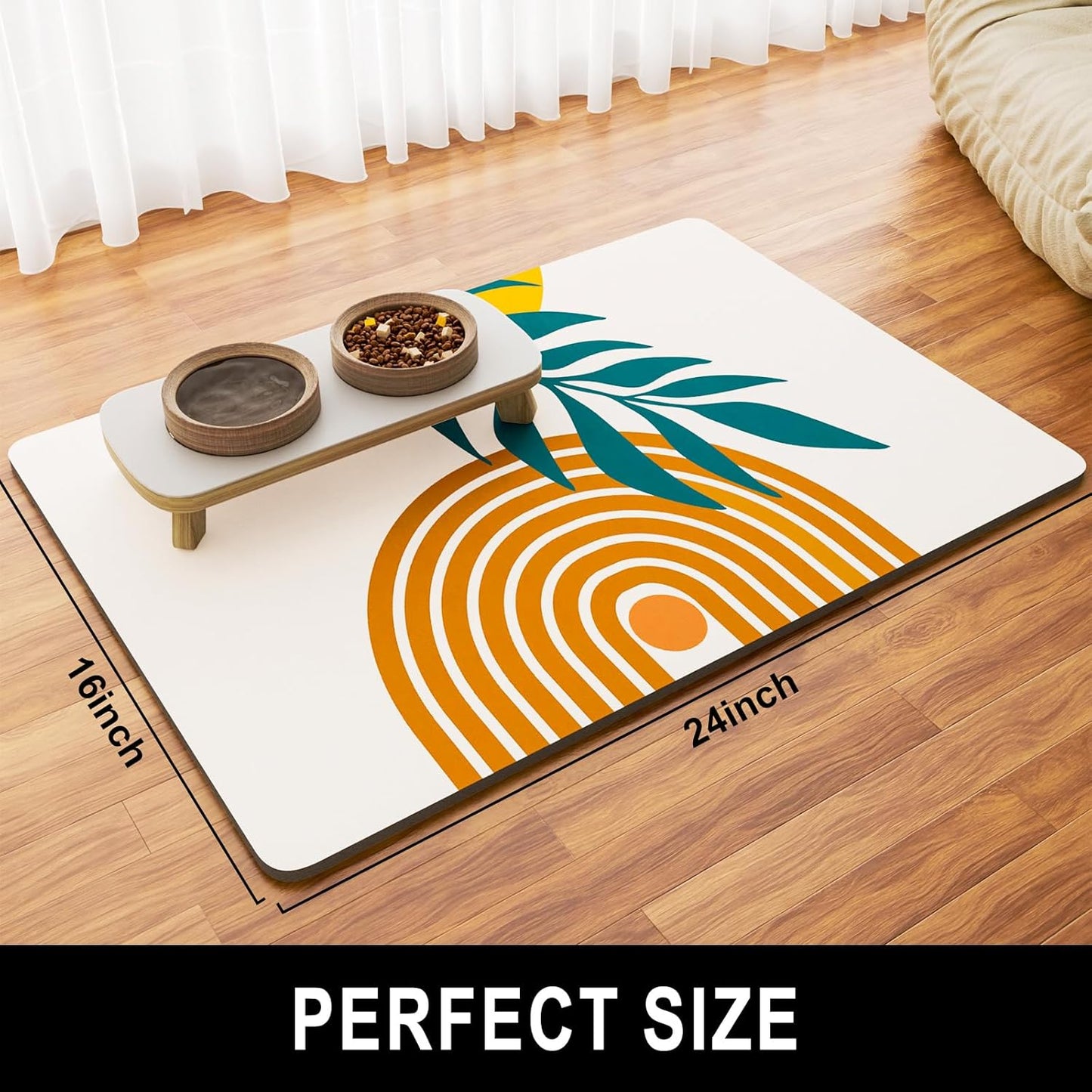 Dog Food Mat, 16" x 24" Absorbent Dog Cat Bowl Mat for Food and Water, Cute Anti-Slip Rubber Pet Feeding Rug Protect Floors, Washable Placemat for Feeding & Watering Supplies, Modern Abstract