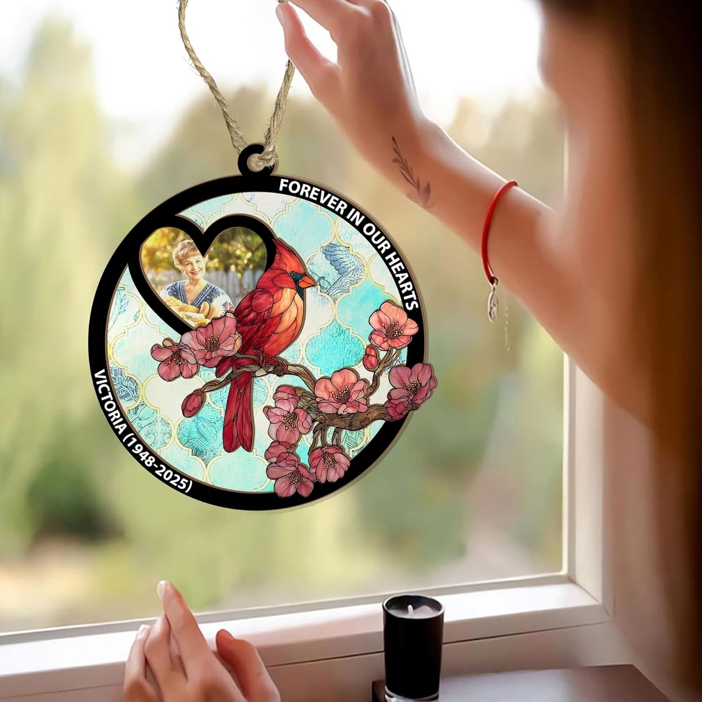 Personalized Cardinal Window Suncatcher Memorial Ornament – Custom Photo Remembrance Gift with Cherry Blossoms, “I’m Always with You” Quote – Cardinal Suncatchers for Windows, Car Mirror, or Display