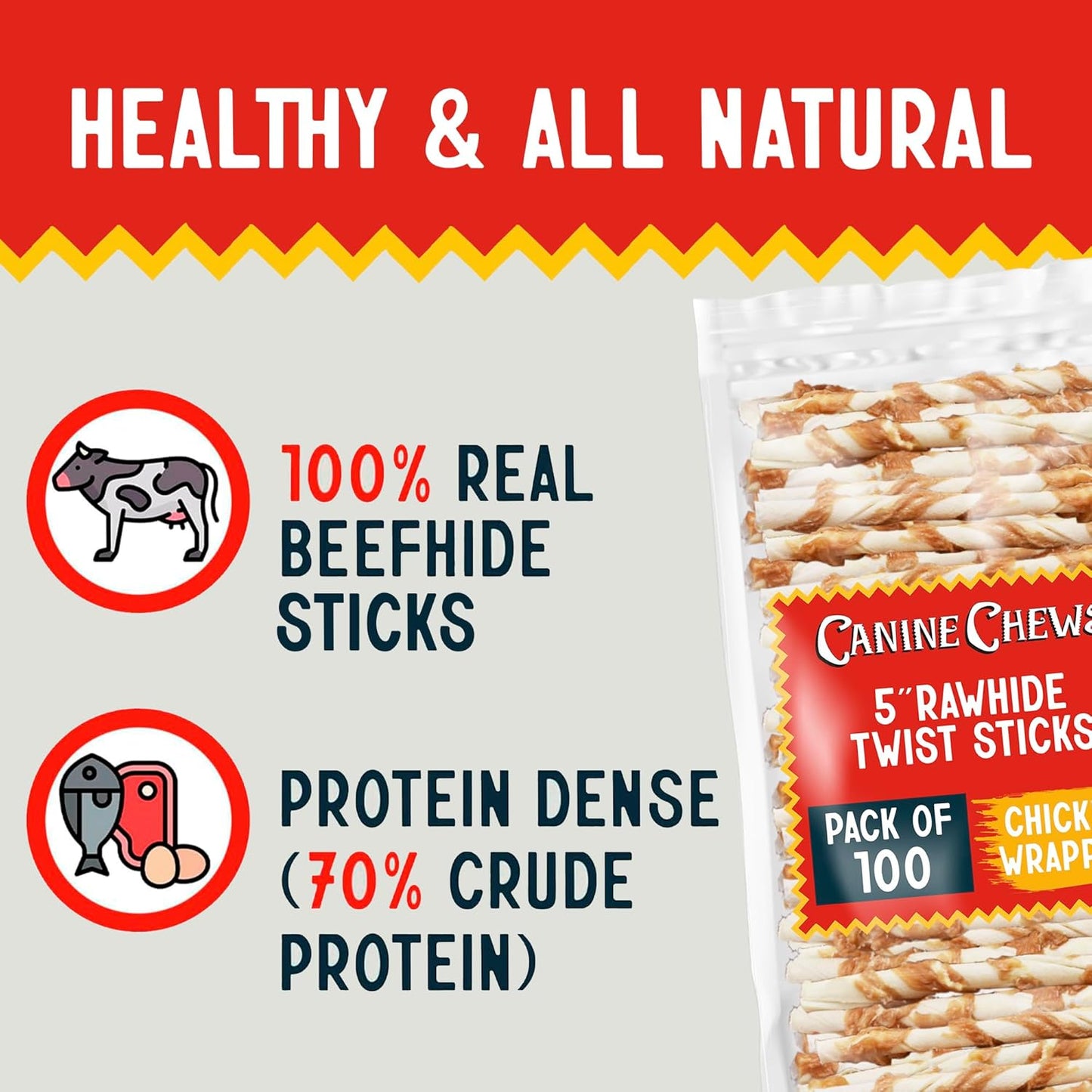 Canine Chews Chicken-Wrapped Rawhide Twists for Dogs - Pack of 100 U.S.A. Sourced Chicken Wrapped Rawhide Dog Treats, Sticks for Dogs - Premium & Natural Beefhide Chews