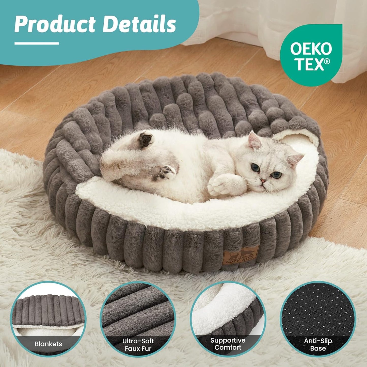 Cat Bed with Hooded Blanket, Round Fluffy Anti-Anxiety Pet Bed for Cats/Small Dogs, Cozy Donut Cuddler with Machine Washable Faux Fur & Anti-Slip Bottom(23"×23"×6",Grey)