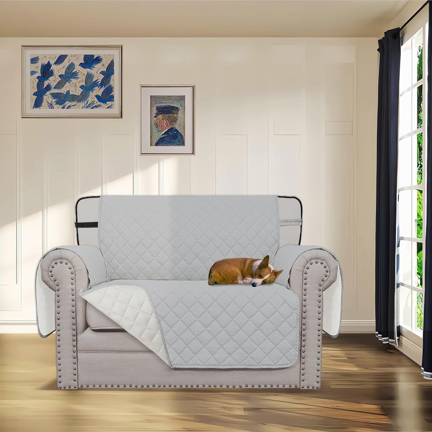 Easy-Going Reversible Chair Cover Washable Sofa Cover for Dogs Water Resistant Couch Slipcover Furniture Protector Cover with Adjustable Straps for Pets (Chair 30 in, Light Gray/Ivory)