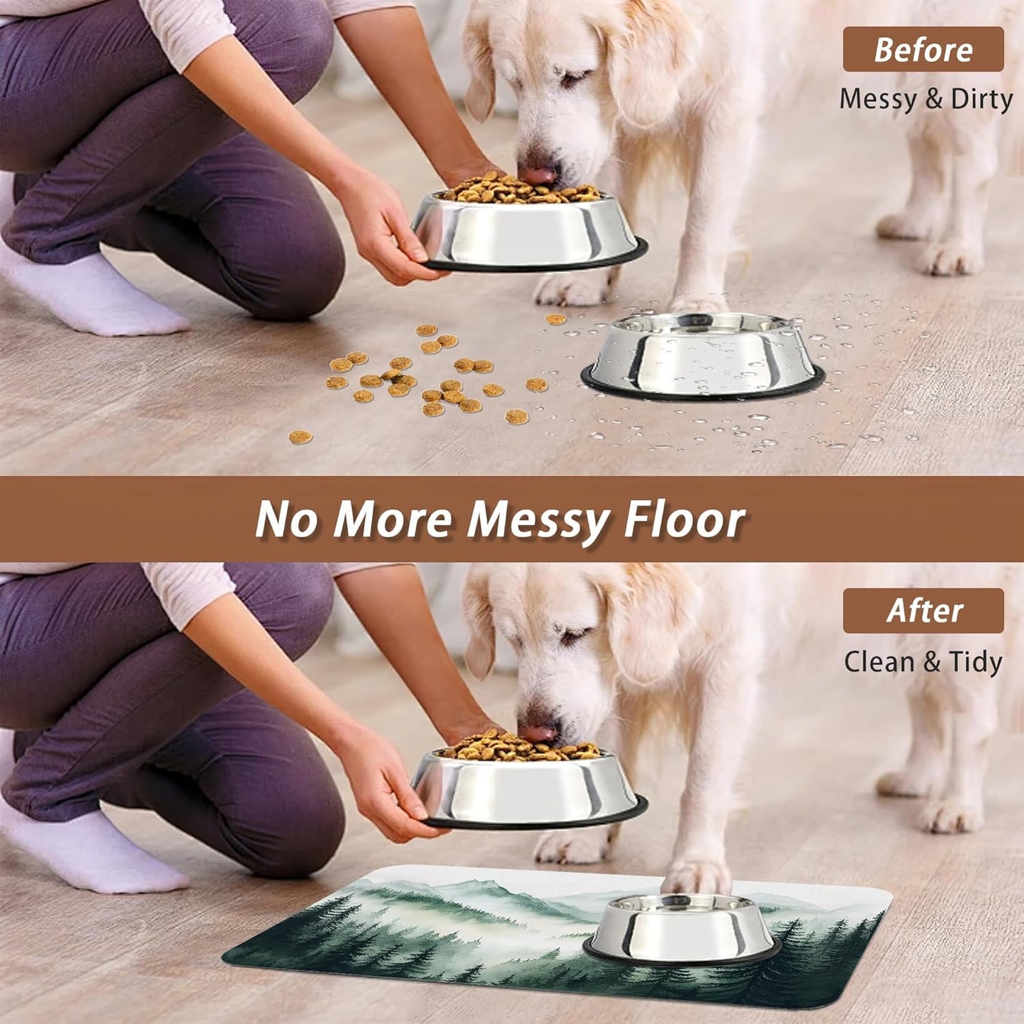 Misty Forest Mountain Dog Food Mat for Floors,Absorbent Quick-Dry Pet Feeding Mat,Cat Dog Bowl Mats for Food and Water,Non-Slip Pet Accessories Supplies 16"x24"