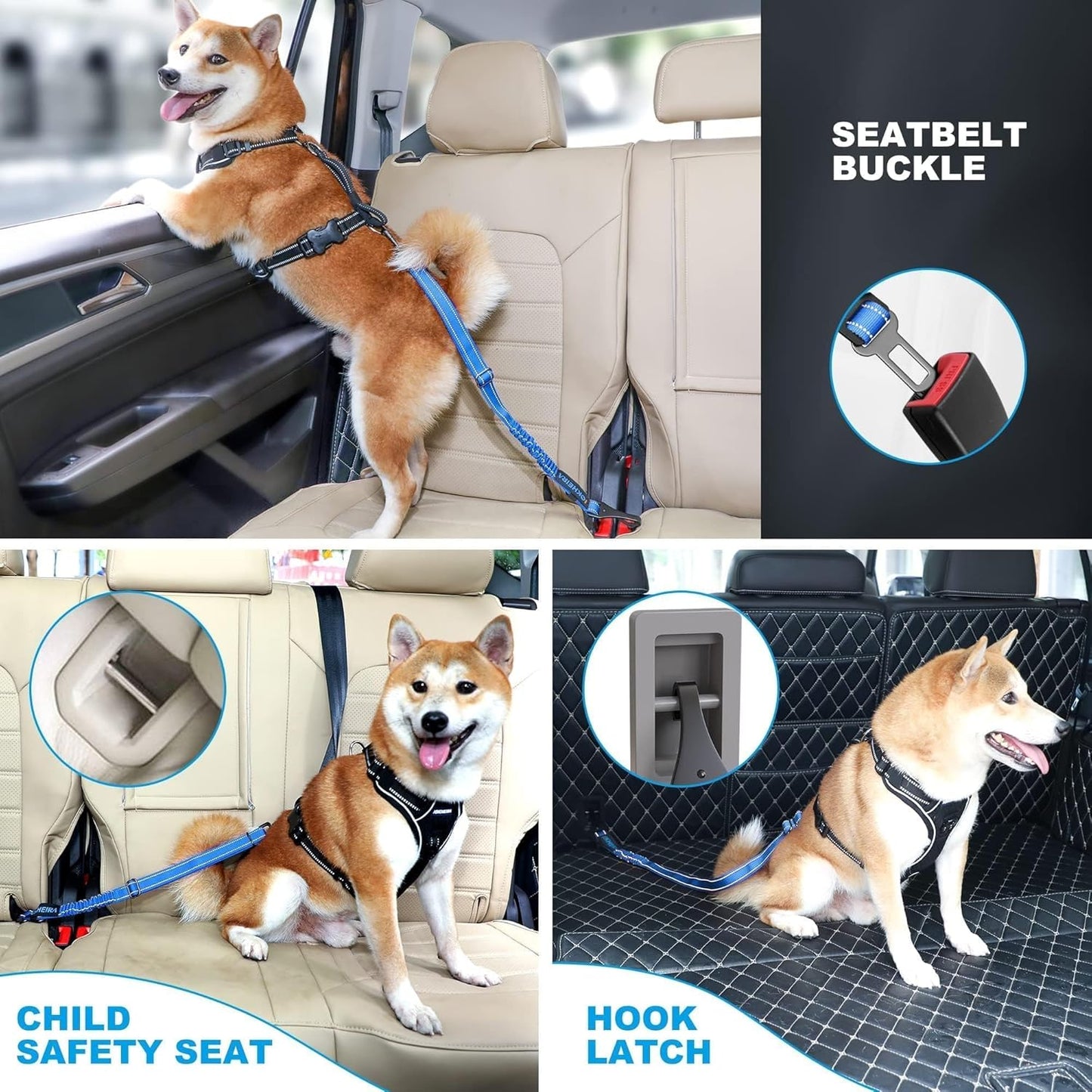 IOKHEIRA Dog Seat Belt 3-in-1 Car Harness for Pets Adjustable Safety Seatbelt Nylon Reflective Bungee Fabric Dog Car Harness with Clip Hook Latch & Buckle, Swivel Zinc Alloy Carabiner (Bule)