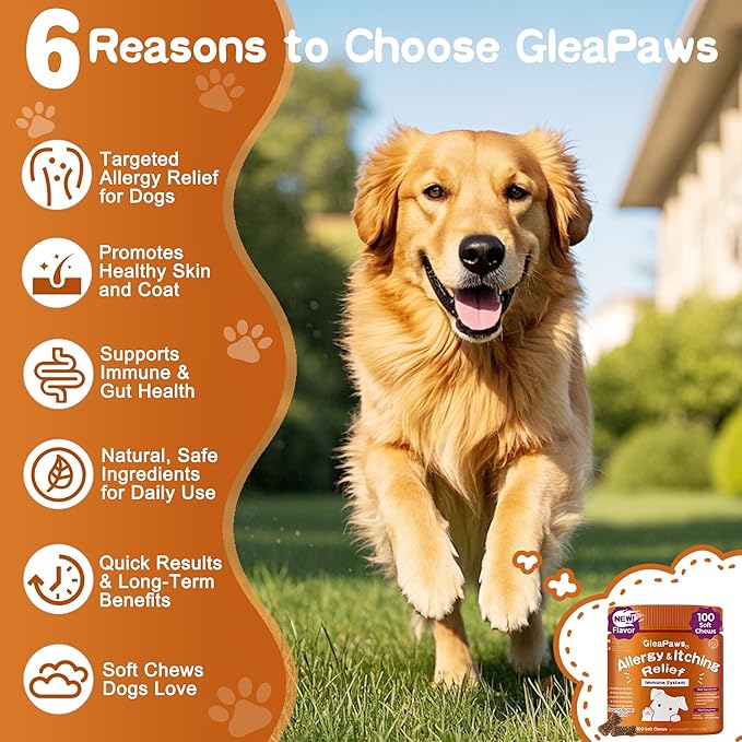 Dog Allergy & Itch Relief Supplement - Salmon Oil Omega-3, Omega-6, Vitamin B1/B2/B6, Colostrum Probiotics for Seasonal Allergy, Hot Spots, Paw Licking, 100 Chews, Peanut Butter+Salmon Oil