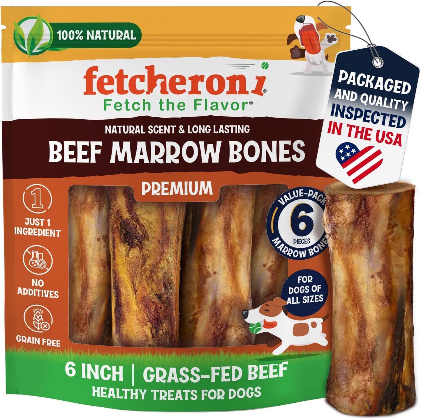 Marrow Bones for Large Dogs, 6 inch Natural Dog Bones for Aggressive Chewers, Long Lasting Treats, Grain-Free, Rawhide Alternative, Dental Health Snack, USA Packaged, Low Odor (6 Pack)