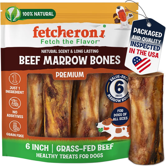 Marrow Bones for Large Dogs, 6 inch Natural Dog Bones for Aggressive Chewers, Long Lasting Treats, Grain-Free, Rawhide Alternative, Dental Health Snack, USA Packaged, Low Odor (6 Pack)
