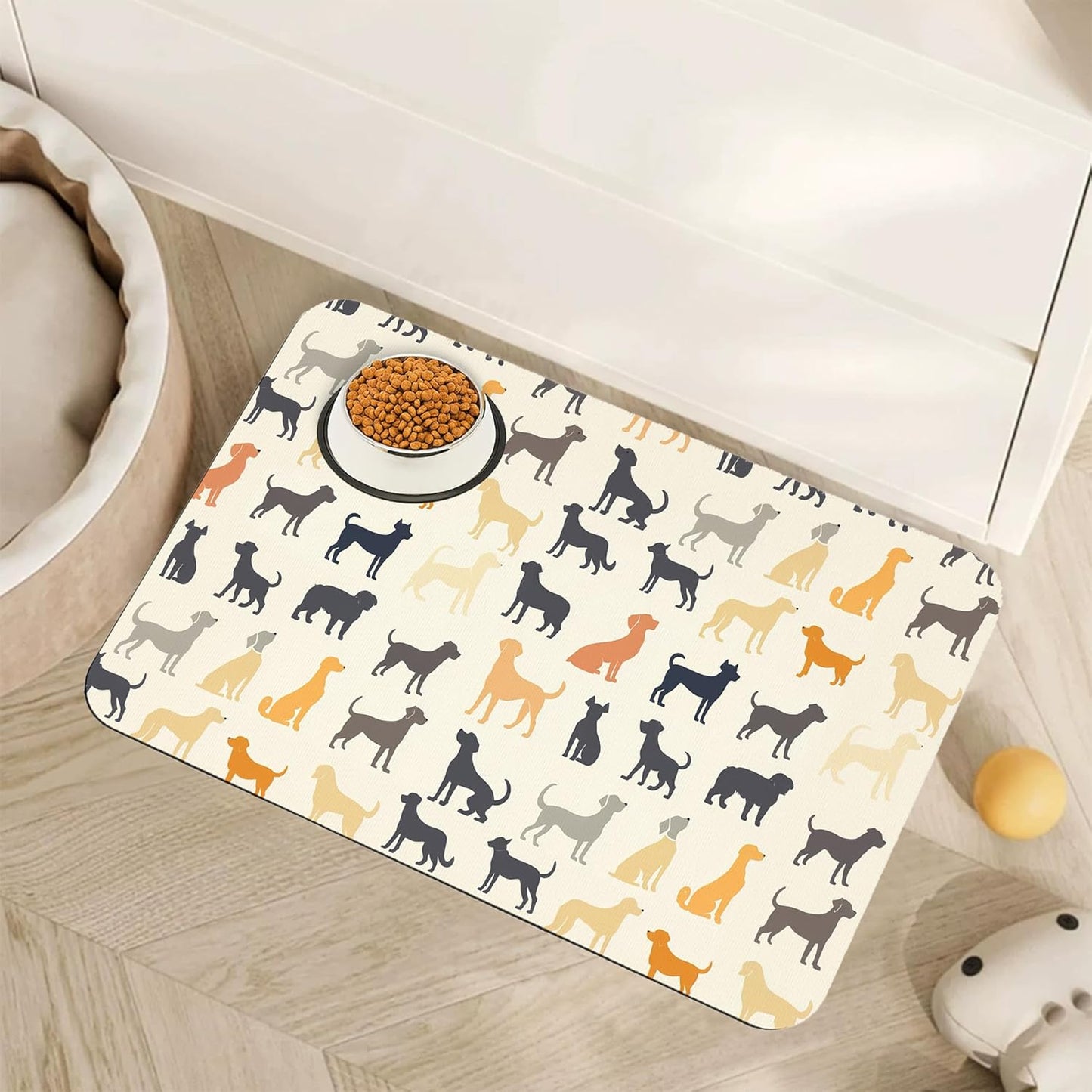 Cute Dog Cat Food Mat,Color Silhouette Absorbent Pet Feeding Mat with Rubber Backing,Non-Slip Water Bowl Placemat,Indoor Pet Accessories Supplies 16"x24"