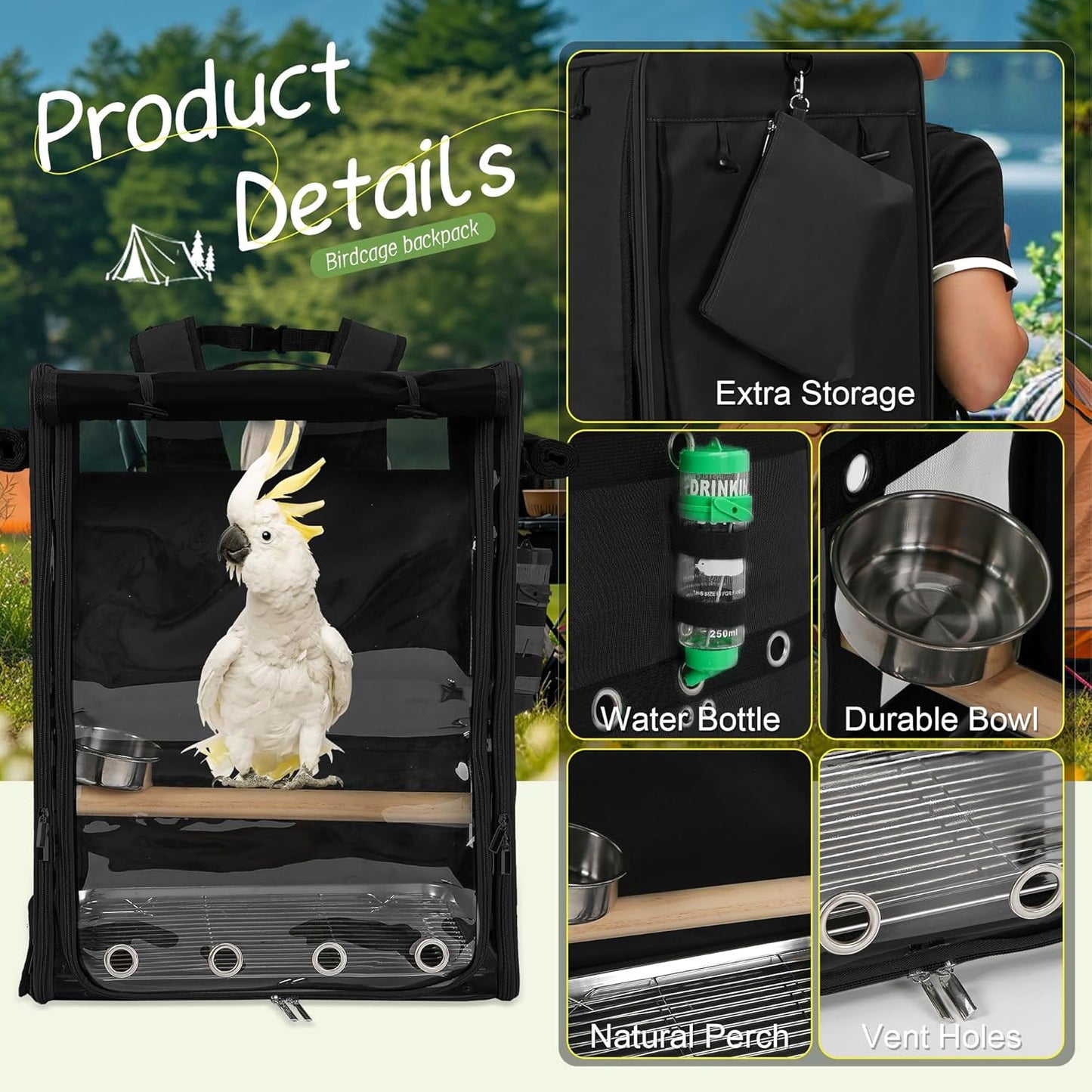 Suertree Bird Carrier Travel Cage, Cockatoo Carrier, Parrot Travel Backpack with Unbreakable Stainless Steel Mesh, Perch, Water Bottle and Food Bowl, X-Large Black