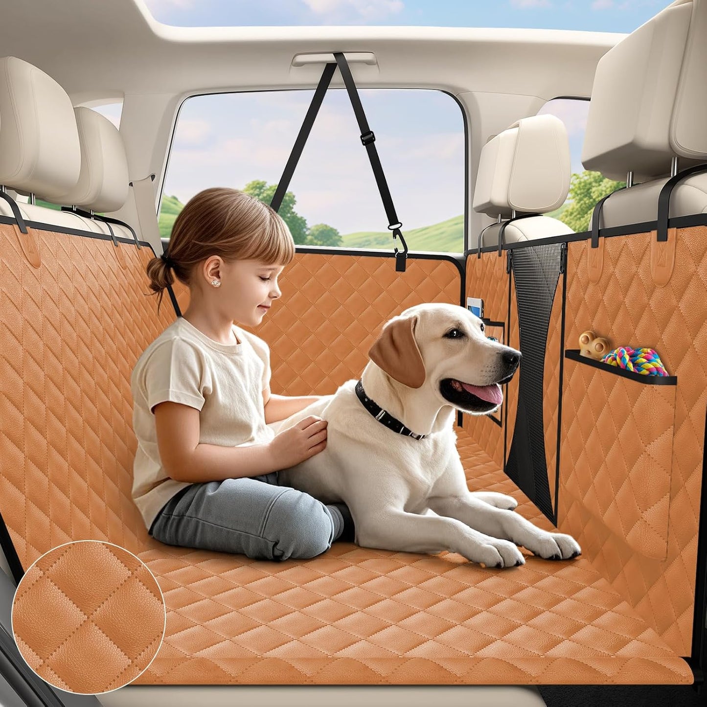 AsFrost PU Leather Dog Seat Cover for Back Seat Extender-Upgraded Hard Bottom Back Seat Pet Cover for Dogs, Anti-Scratch Nonslip Waterproof Dog Hammock Bed for Car Mid-Size SUV Small Truck-Orange
