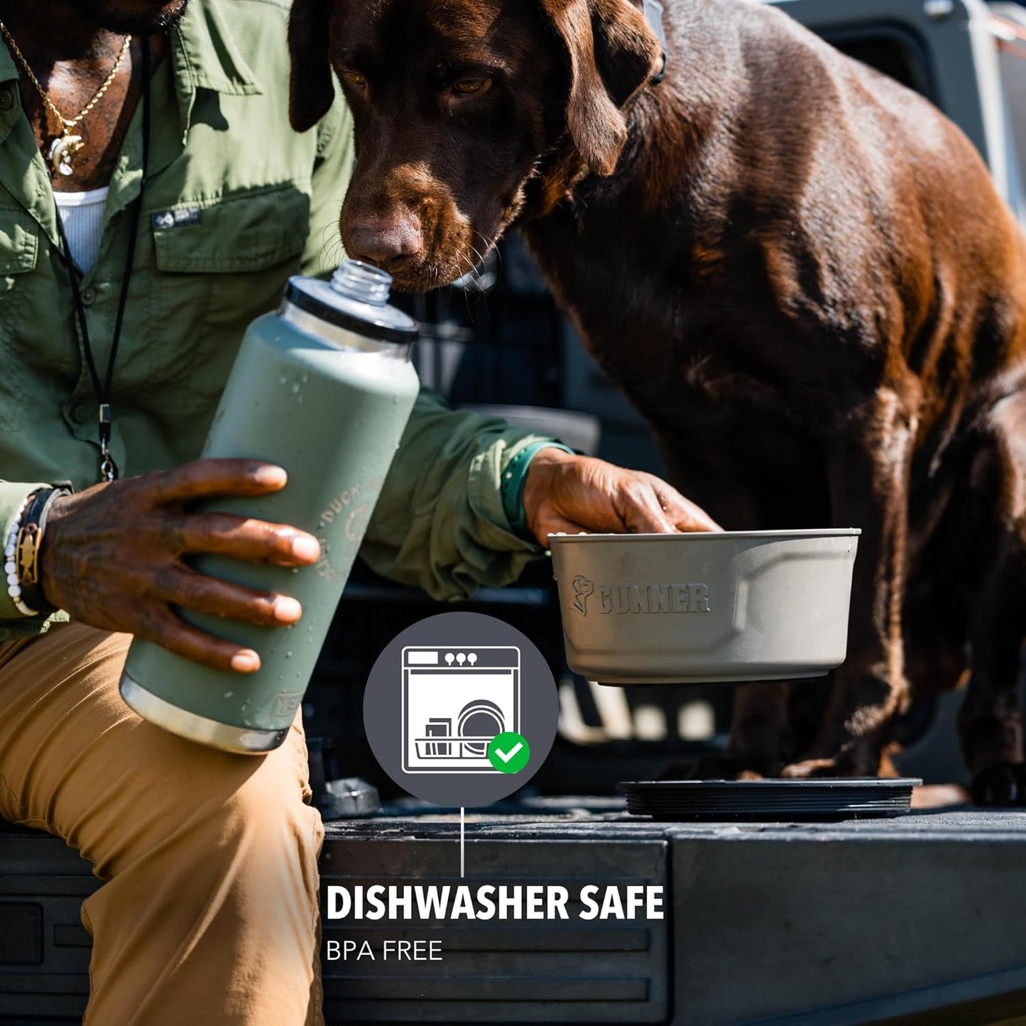 GUNNER Dog Bowl with Spill-Proof Travel Lid – 7.5" x 3.75", 1.3 lb, 7-Cup Capacity, BPA-Free, Rust-Proof, Shock-Resistant, Stackable, Dishwasher Safe, Leak-Resistant Nesting Lid – Gunmetal