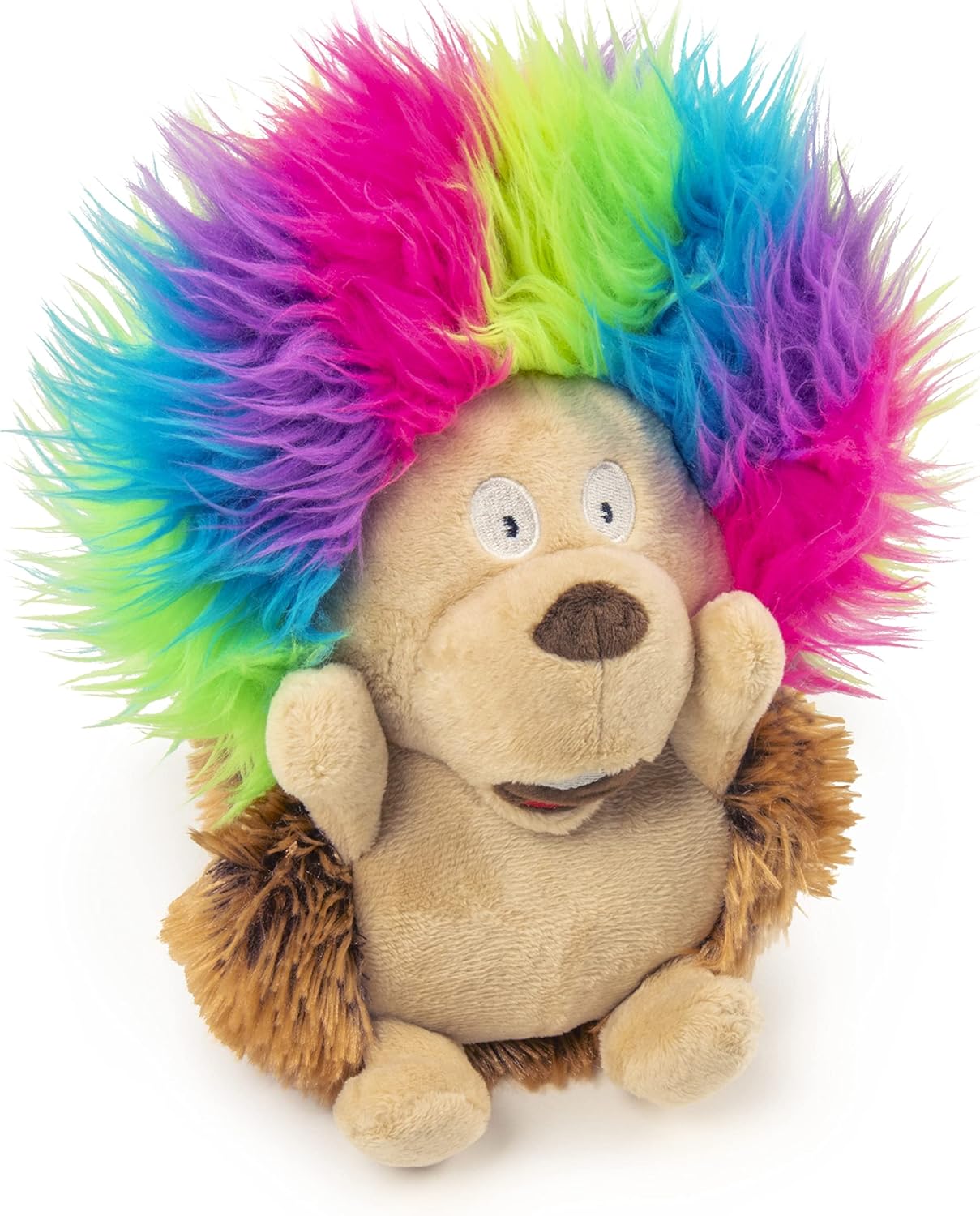 goDog Crazy Hairs Hedgehog Silent Squeak Plush Dog Toy, Chew Guard Technology - Brown, Small