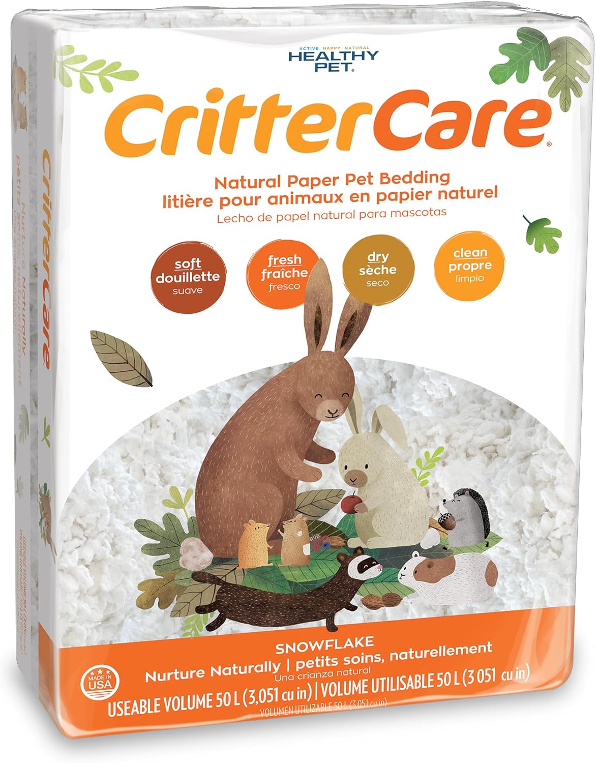 CritterCare Natural Snowflake Paper Small Pet Animal Bedding - Odor Control, Unscented, 99% Dust Free, Super Absorbent, White, 50L, Great for Rabbits, Guinea Pigs, Hamsters, Gerbils, Mice, Rats
