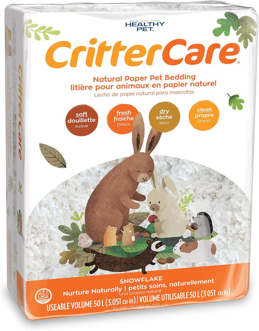CritterCare Natural Snowflake Paper Small Pet Animal Bedding - Odor Control, Unscented, 99% Dust Free, Super Absorbent, White, 50L, Great for Rabbits, Guinea Pigs, Hamsters, Gerbils, Mice, Rats