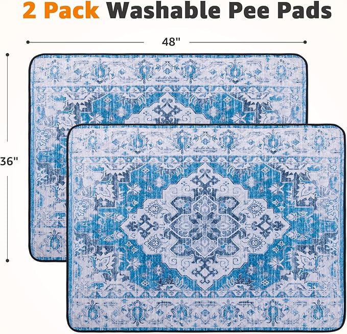 LOOBANI Washable Pee Pads for Dogs, 2 Pack Super Absorbent Reusable Puppy Pads Leakproof Dog Traning Pads, Waterproof Non-Slip Whelping Pad for Floor, Playpen, Crate, Couch-36 x48 (Blue)