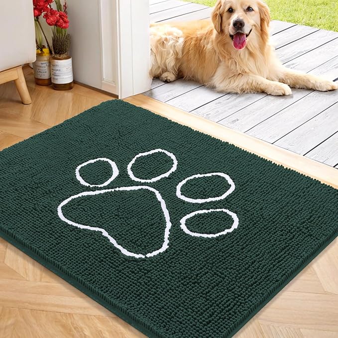 OLANLY Door Mat for Muddy Dog Paws 40x32, Absorbent Chenille Mud Doormat with Paw Print Design, Non-Slip Washable Doormat for Indoor Entryway, Quick-Dry Pet Bed Mats for Dirty Dogs, Blackish Green