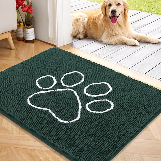 OLANLY Door Mat for Muddy Dog Paws 40x32, Absorbent Chenille Mud Doormat with Paw Print Design, Non-Slip Washable Doormat for Indoor Entryway, Quick-Dry Pet Bed Mats for Dirty Dogs, Blackish Green