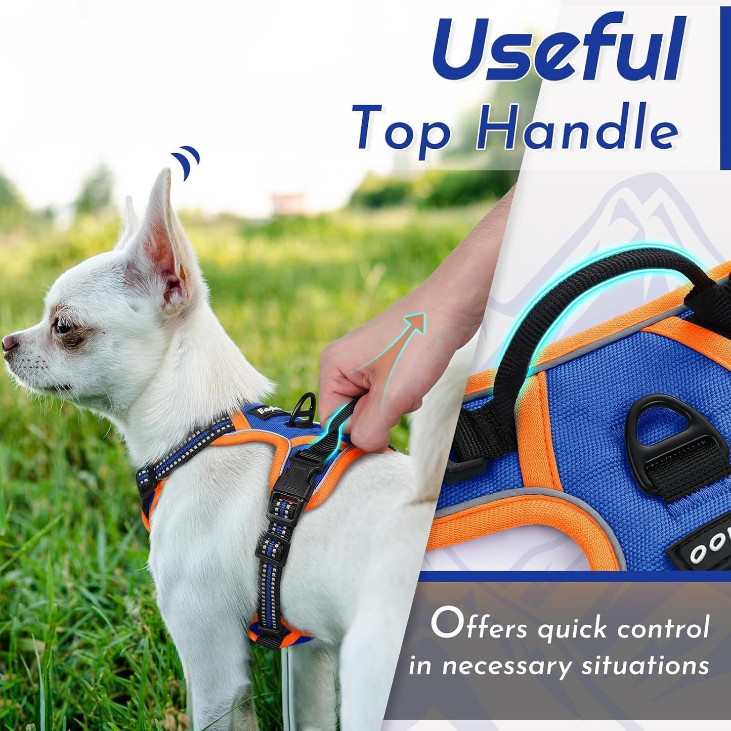 Eagloo Small Dog Harness No Pull, Service Vest with Reflective Strips and Control Handle, Adjustable and Comfortable for Walking, No Choke Pet Harness with 2 Metal Rings, Blue & Orange, XS