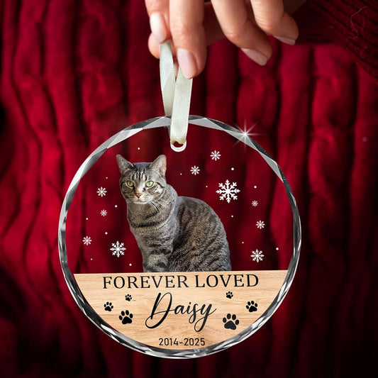 Personalized Cat Memorial Ornament, Pet Loss Remembrance, Cat Lover Keepsake, Photo Custom, Forever Loved Glass Ornament
