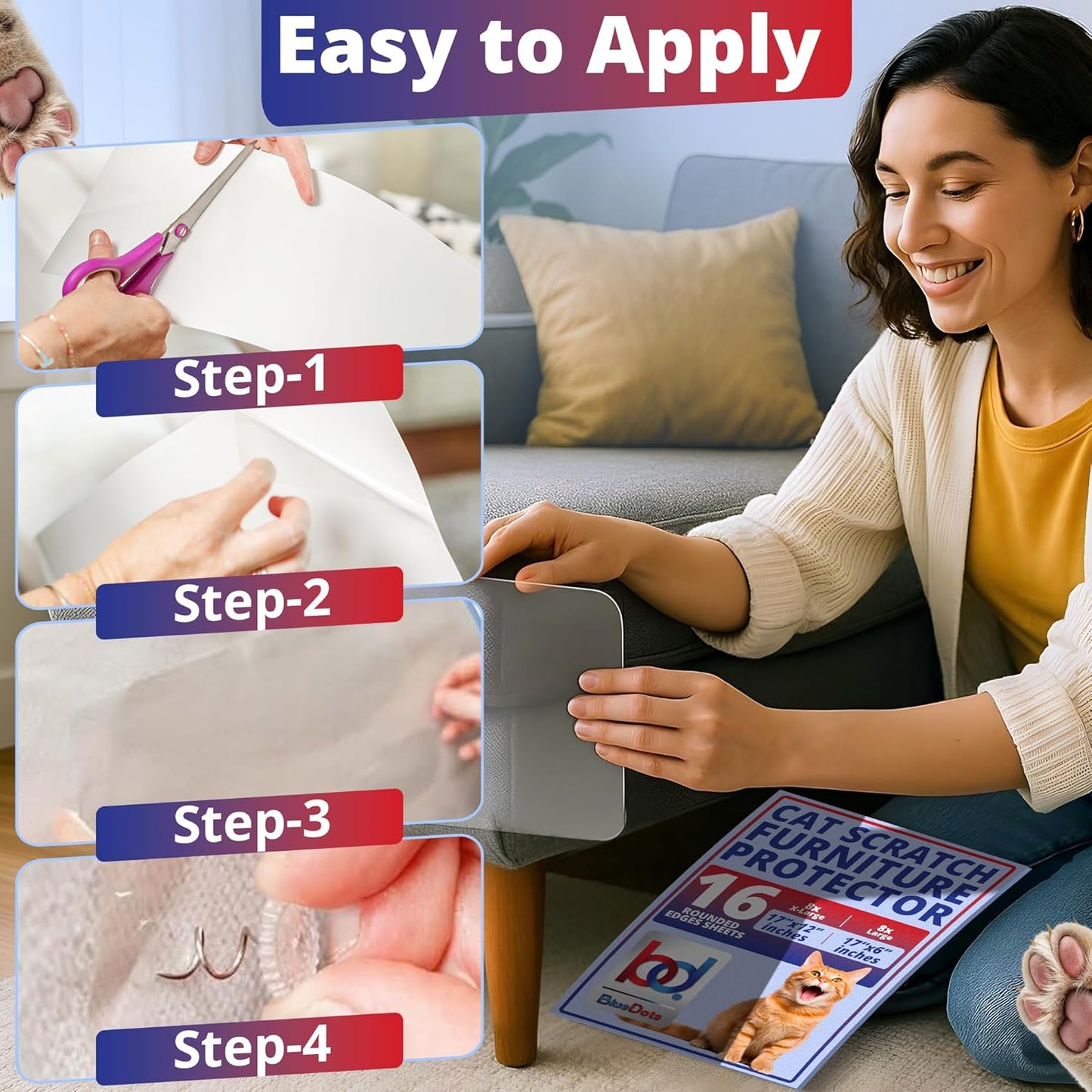 Anti Cat Scratch Furniture Protector and Couch Corner Guard, Clear Deterrent Tape, Pet-Safe, Residue-Free, Durable for Cats on Leather & Fabric, 16 XL Sheets with 65 Pins & Toy