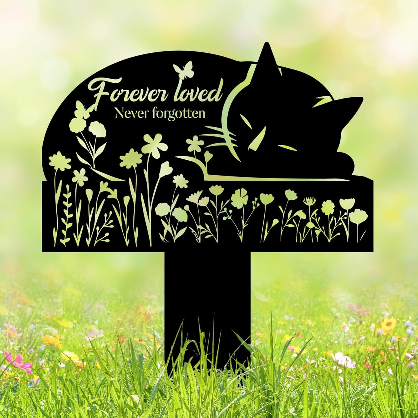 Cat Grave Marker Outdoor Memorial – 12in Metal Pet Memorial Plaque with Garden Sleeping Cat, Weatherproof Headstone for Yard or Indoor Tribute, Sympathy Gift for Loss of Cat