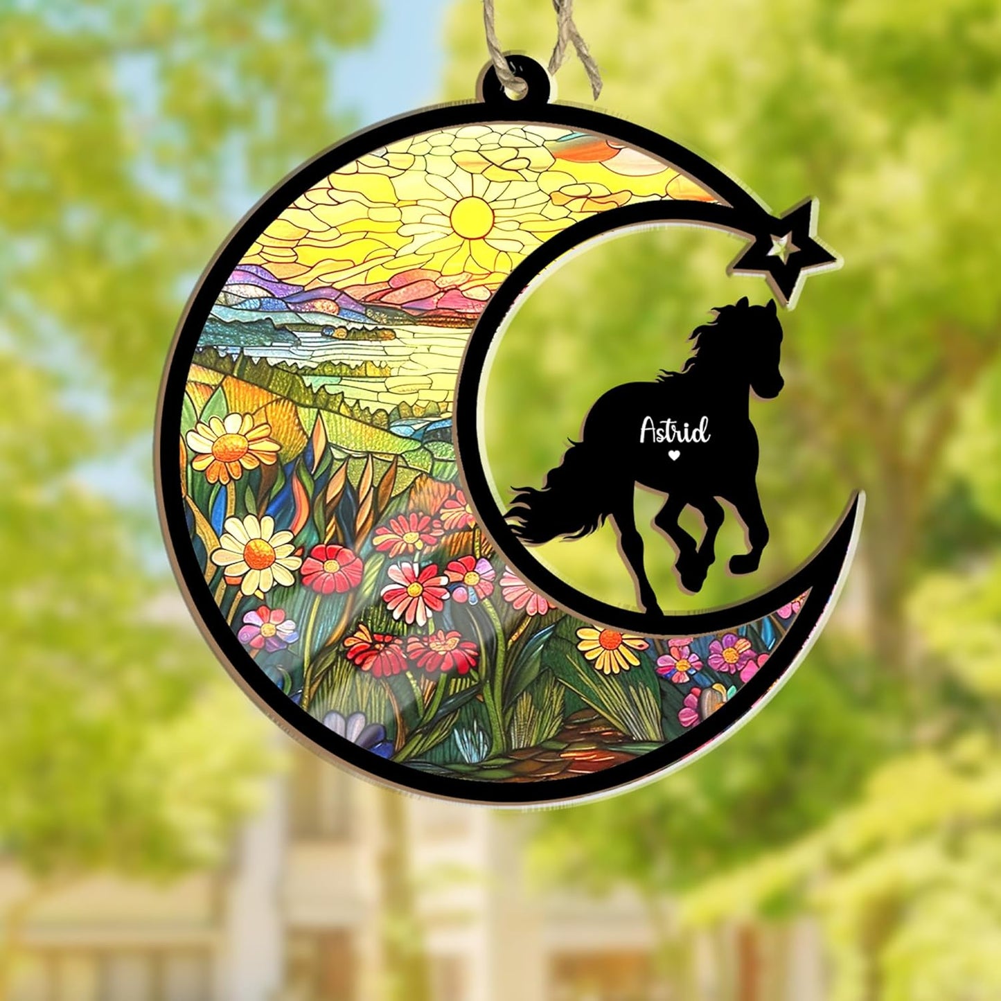 Personalized Horse Memorial Suncatcher – Custom Horse Silhouette with Name, Moon & Floral Background, Horse Loss Gift, Gift for Horse Lovers