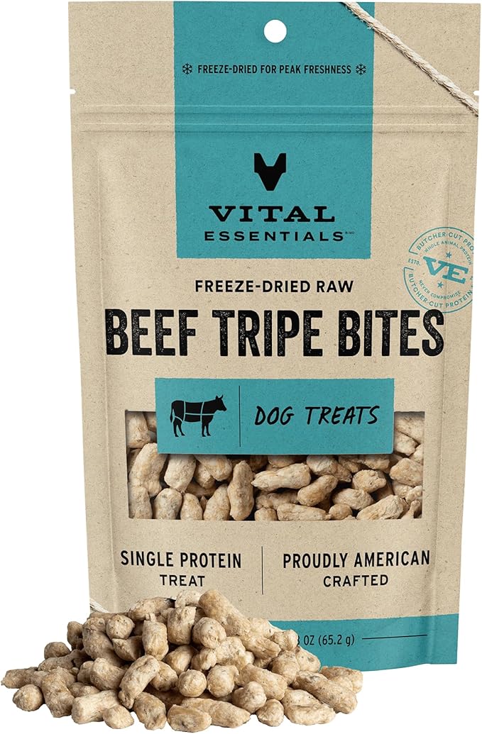 Vital Essentials Beef Tripe Bites Dog Treats, 2.3 oz | Freeze-Dried Raw | Single Protein | Premium Quality High Protein Training Treats | Grain Free, Gluten Free, Filler Free