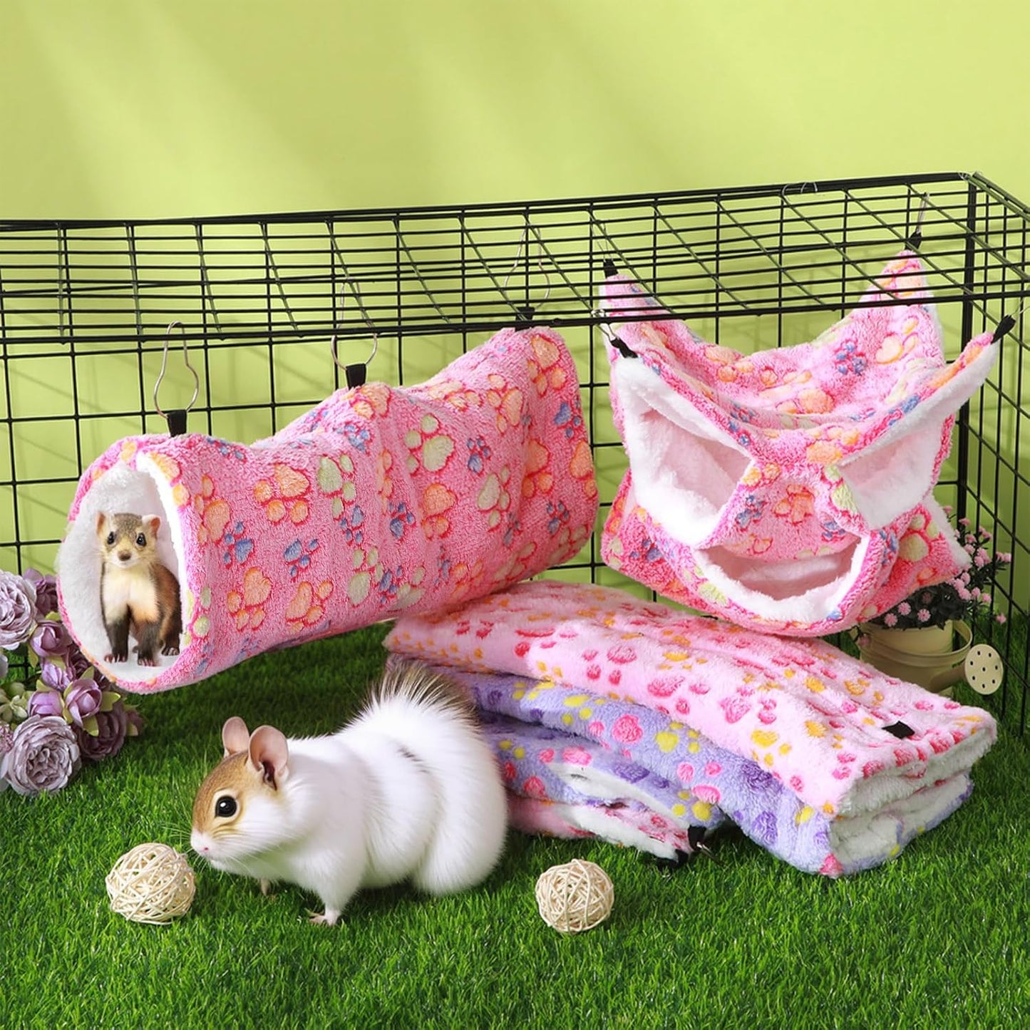 Sweetude 6 Pcs Rat Hammock Set Ferret Hanging Tunnel 3 Tier Guinea Pig Hammocks Hideout Soft Chinchilla Bed for Cage Accessories Hide,Play and Sleep(Dreamy,Paw)