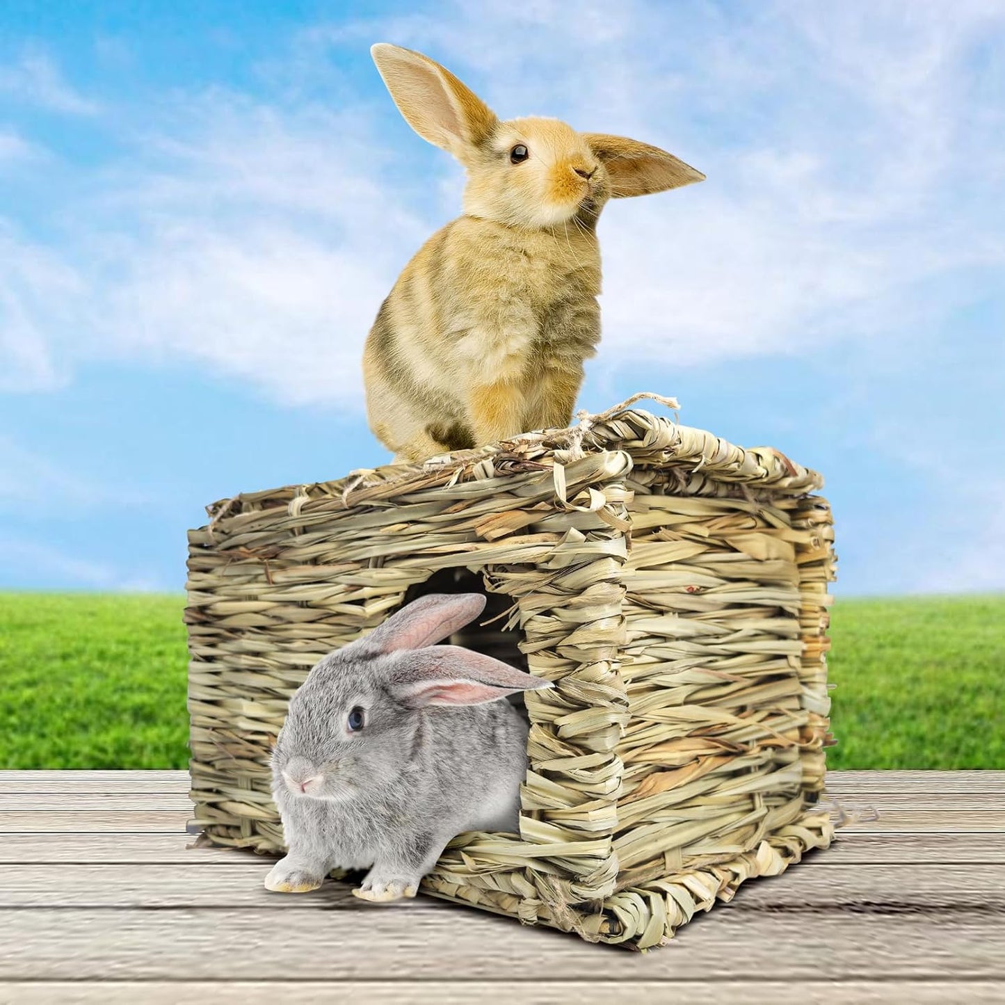 Hamiledyi 3PCS Grass House for Rabbit, Edible Bunny Hut Natural Grass Woven Foldable Pet Play Hideaway Hay Mat Chew Toys for Guinea Pig Hamster Chinchilla, Safe Cozy Sleep 11.8x7.87x7.87 inches