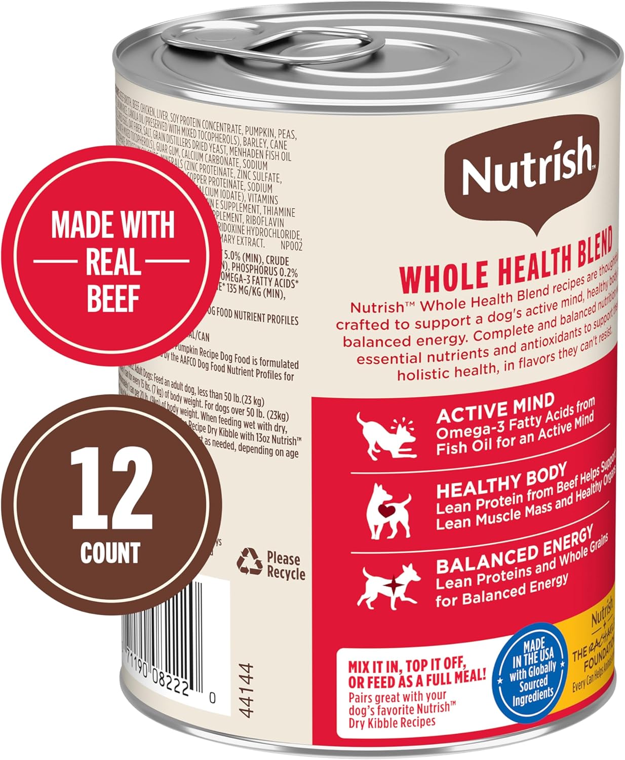 Nutrish Real Beef & Veggies Recipe Whole Health Blend Chunks in Gravy Wet Dog Food, 13 oz. Can, 12 Count, Packaging May Vary (Rachael Ray)