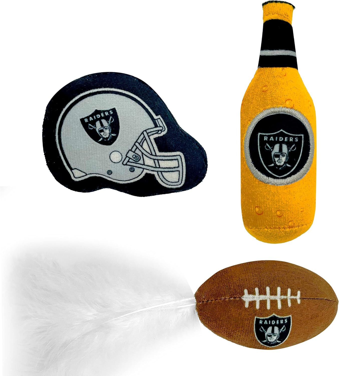 BEST PLUSH CAT TOY - NFL LAS VEGAS RAIDERS Complete Set of 3 piece Cat Toys filled with Fresh Catnip. Includes: 1 Helmet Cat Toy, 1 Football Cat Toy with Feathers & 1 Beer Bottle. Beautiful Team LOGOS